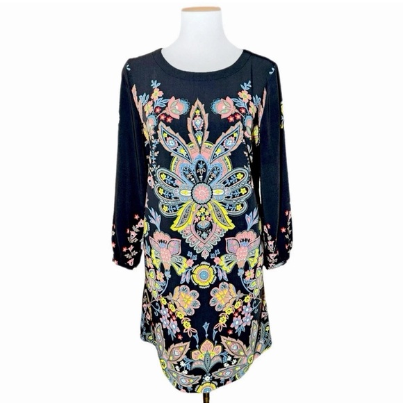 Ann Taylor LOFT Shift Dress Bold Medallion Floral Multi Long Sleeve Womens Sz SP - Picture 1 of 9